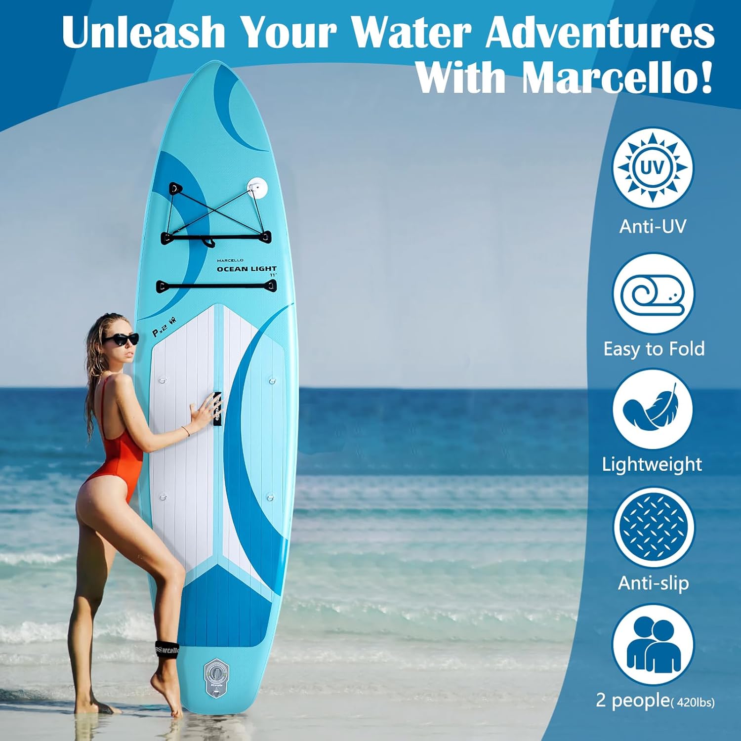 OCEAN LIGHT  11'x35" Ultra-Wide Inflatable SUP Board | 420lb Capacity & 18lb