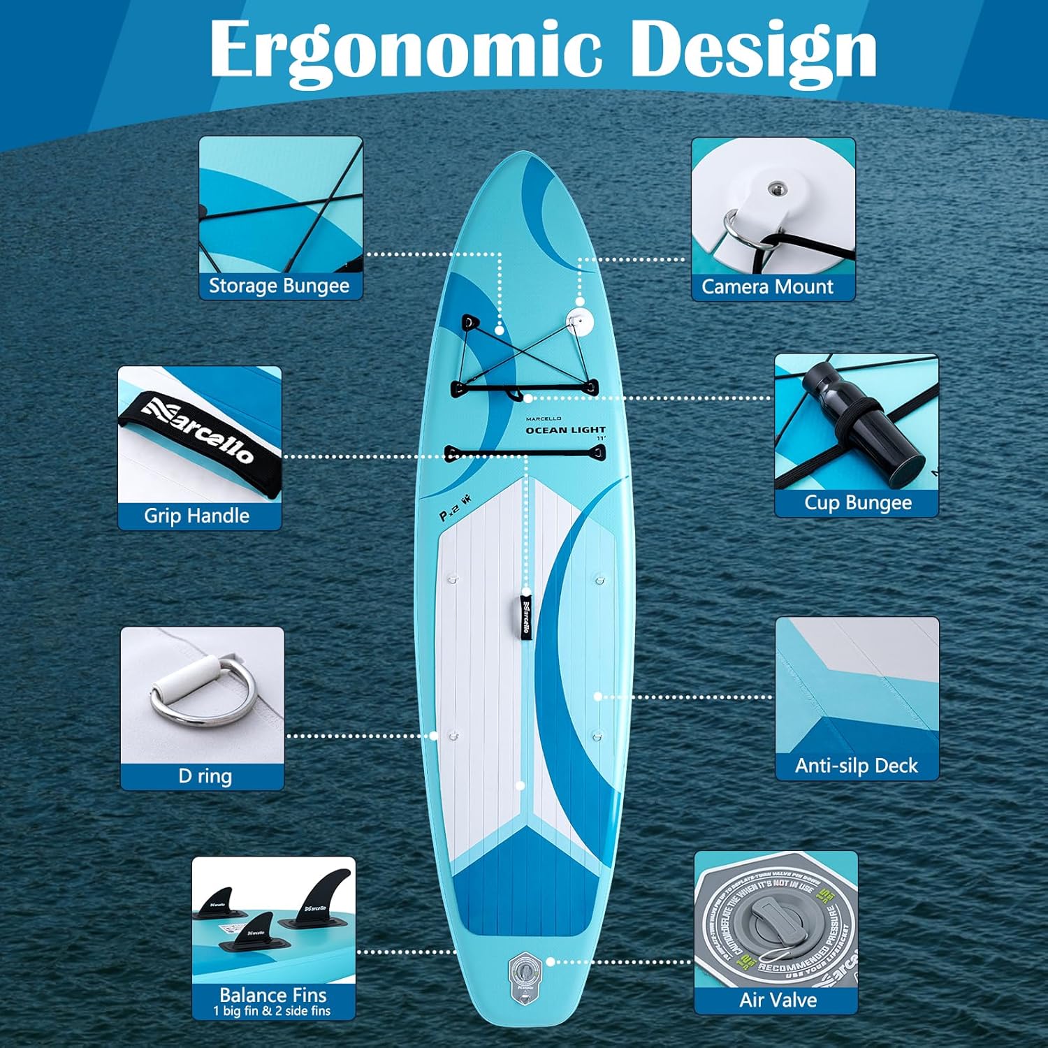 OCEAN LIGHT  11'x35" Ultra-Wide Inflatable SUP Board | 420lb Capacity & 18lb